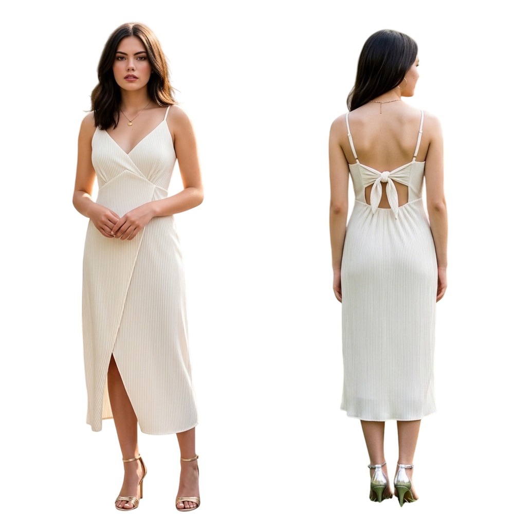 Lulus Midi Dress Pleated‎ Wrap Tie Back Small White Cocktail Summer Bridal